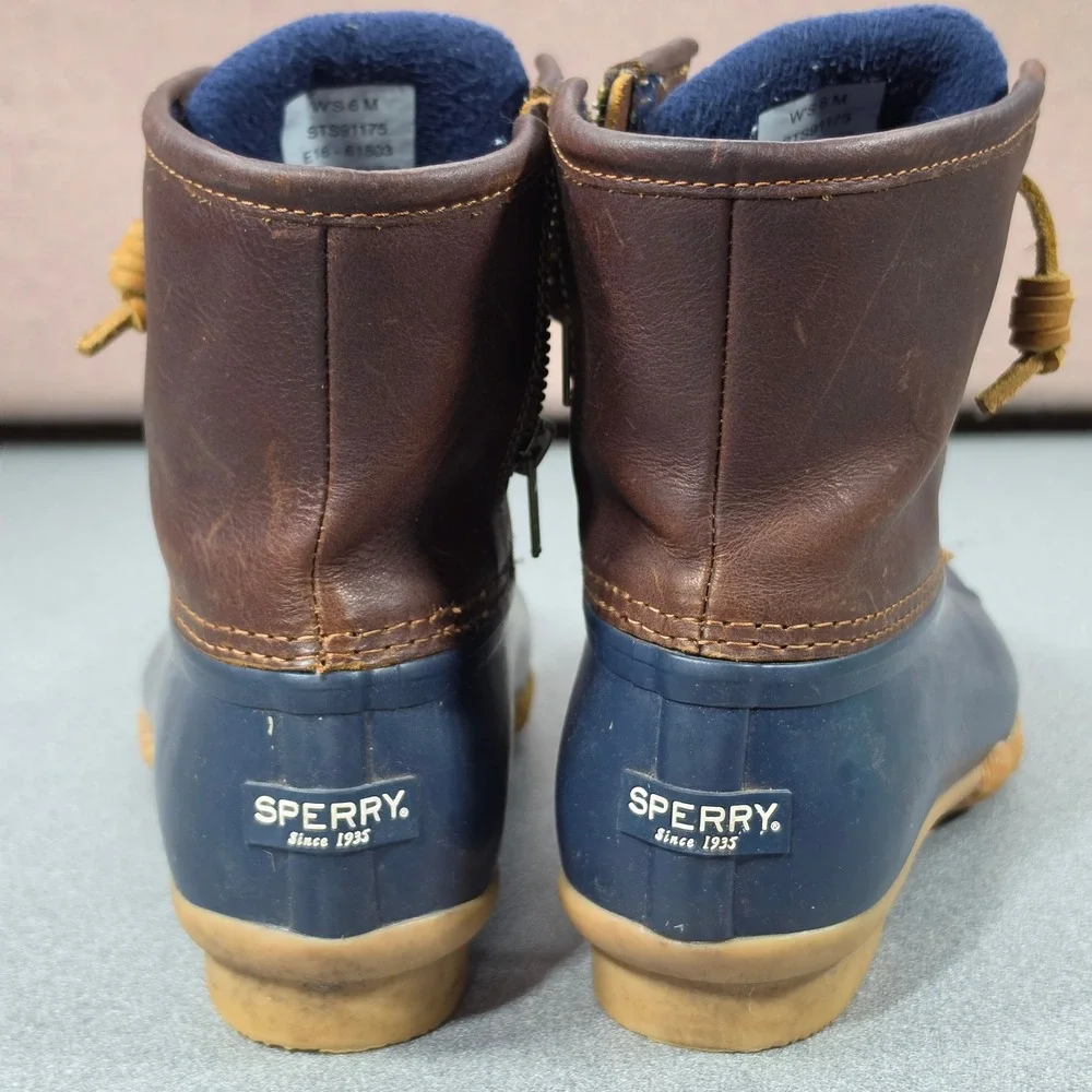 Sperry Saltwater Duck Boots Womens 6 Navy Brown Excellent STS91175 Leather Zip